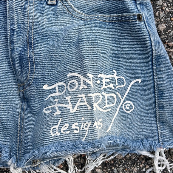 Ed Hardy micro mini jeans cutoff skirt Heats wing skulls Y2K - Picture 4 of 7